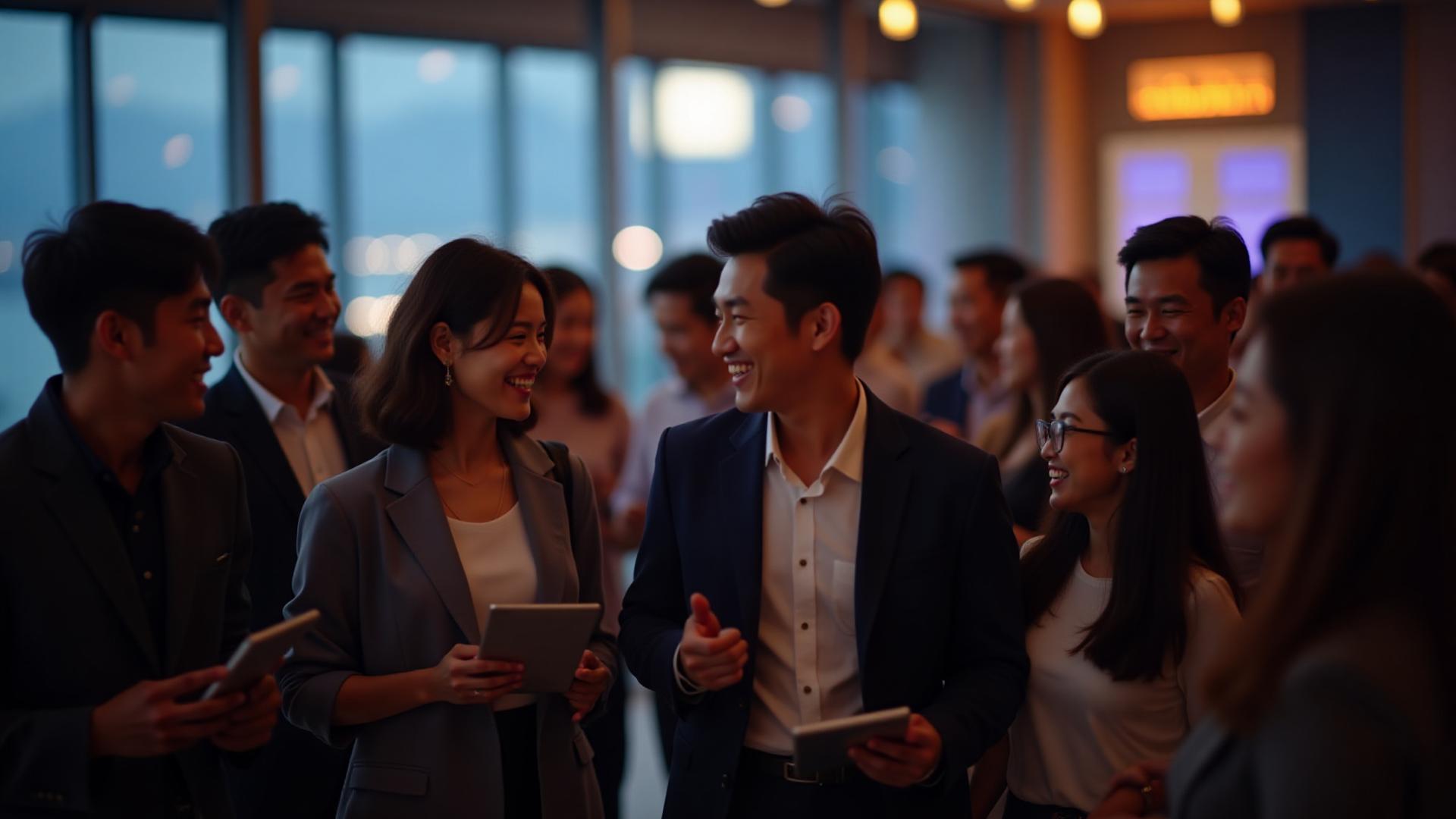 밝게 웃으며 서로 대화하는 사람들, 활기찬 산업 네트워킹 이벤트 현장